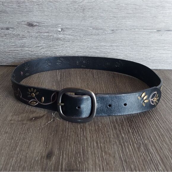 Fossil Black Leather Belt w/ Bronze Floral Design - Medium - Picture 1 of 6